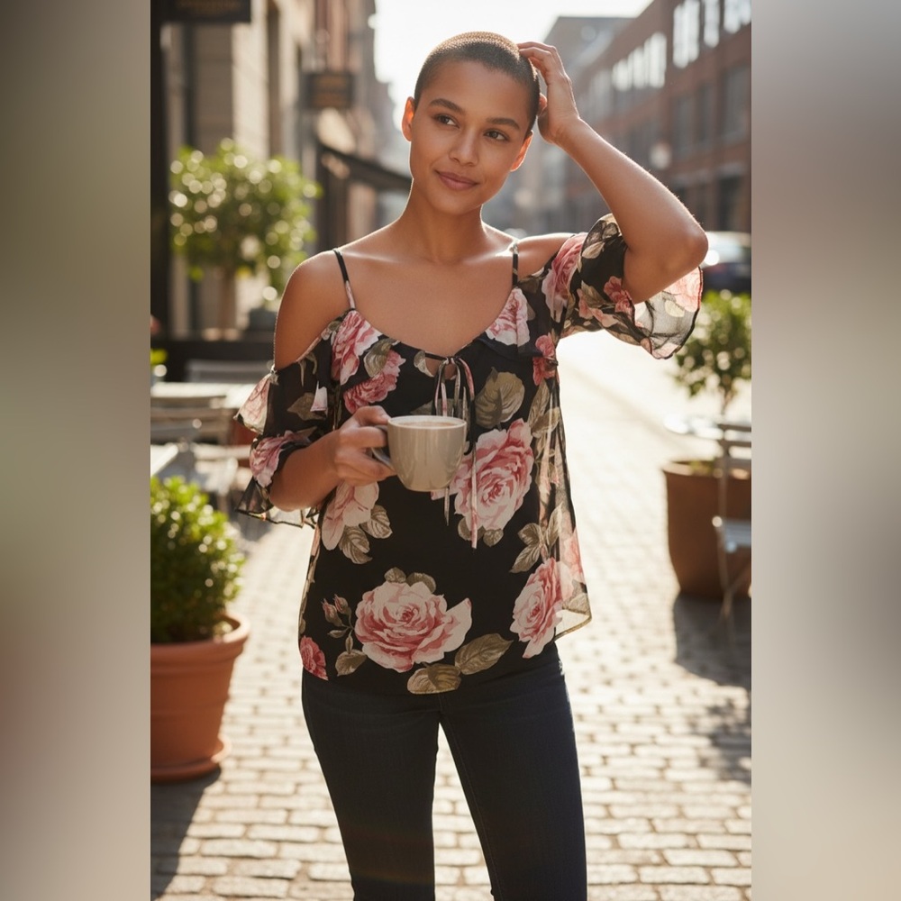 Soho NY&C Black and Pink Floral Blouse Off Shoulders Size XS